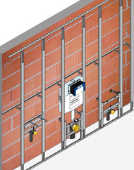 Huter proV Montagesystem als raumhohe Vorwand. Standardhöhe 250 cm von OK Fertigfußboden (Raumhöhe von OK Rohfußboden 258 - 295 cm) - andere Raumhöhen auf Anfrage.